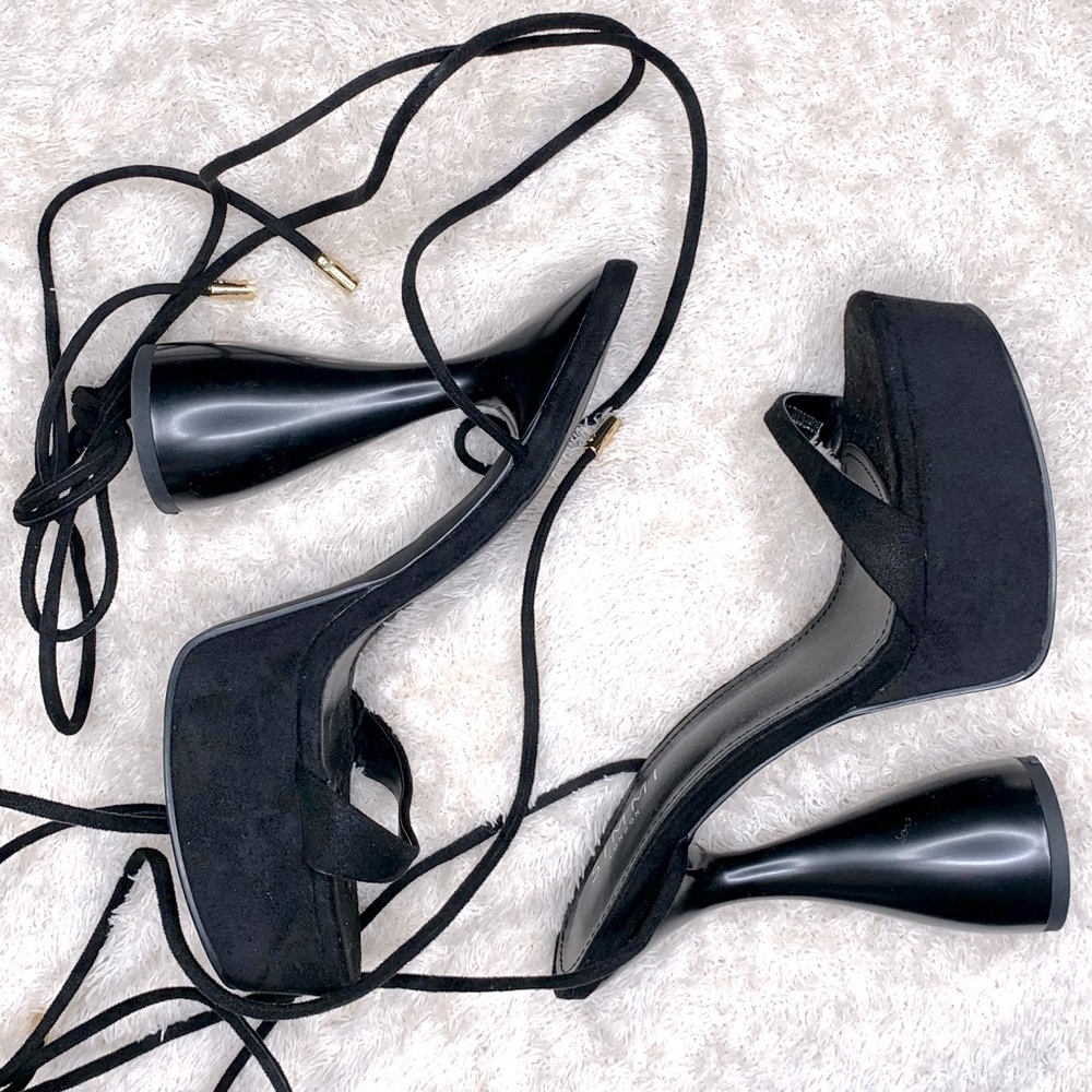 DREAM ON BLACK SUEDETTE SCULPTURED LACE UP PLATFORM HEELS
